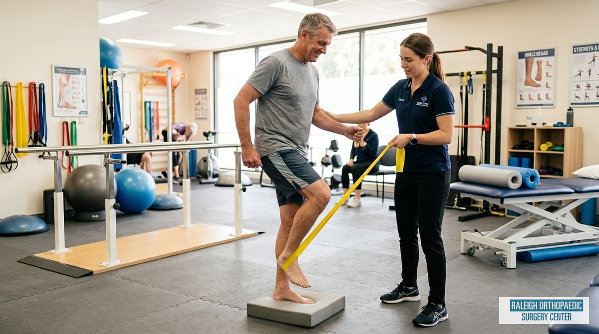 A physical therapist demonstrating ankle strengthening exercises with a patient, focusing on heel ra
