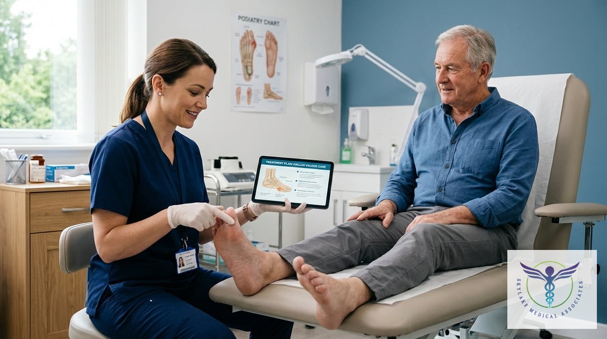 A serene clinic environment showing a doctor explaining treatment options to a patient while examini