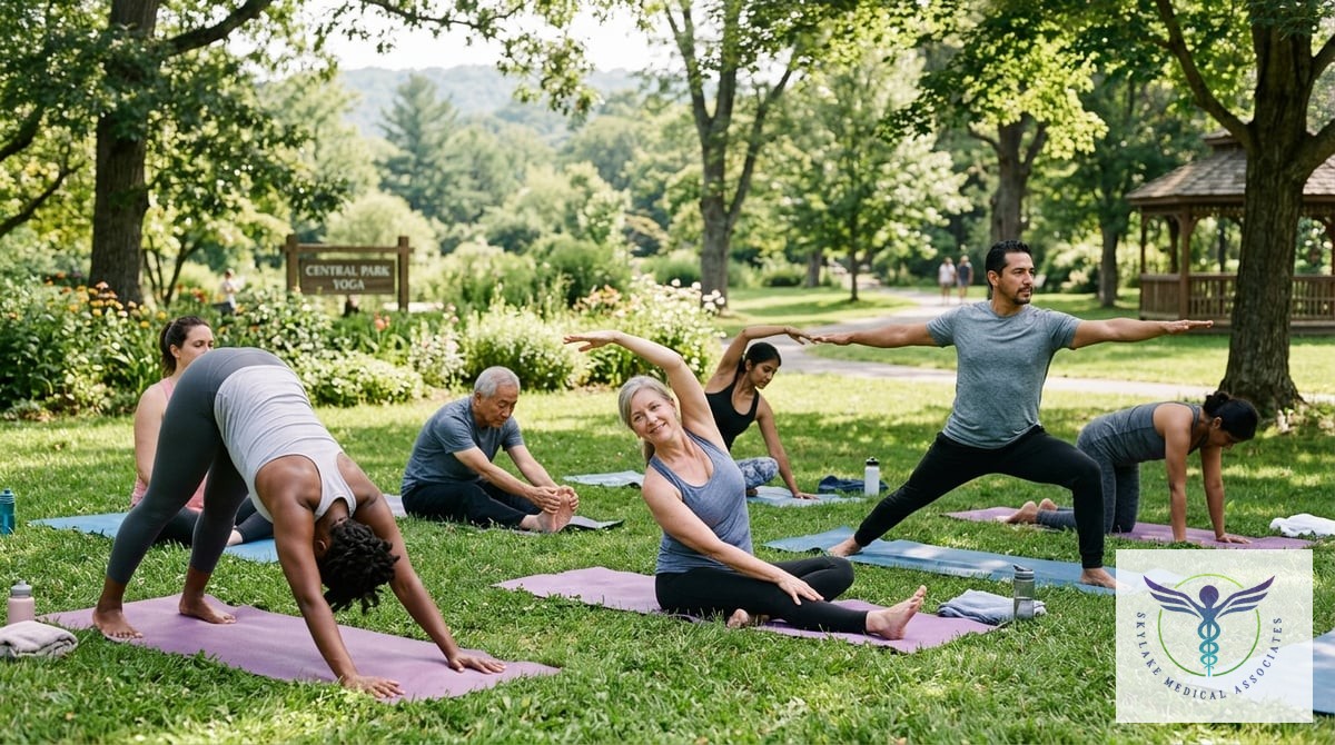 A diverse group of adults practicing yoga together in a serene park setting, demonstrating various s