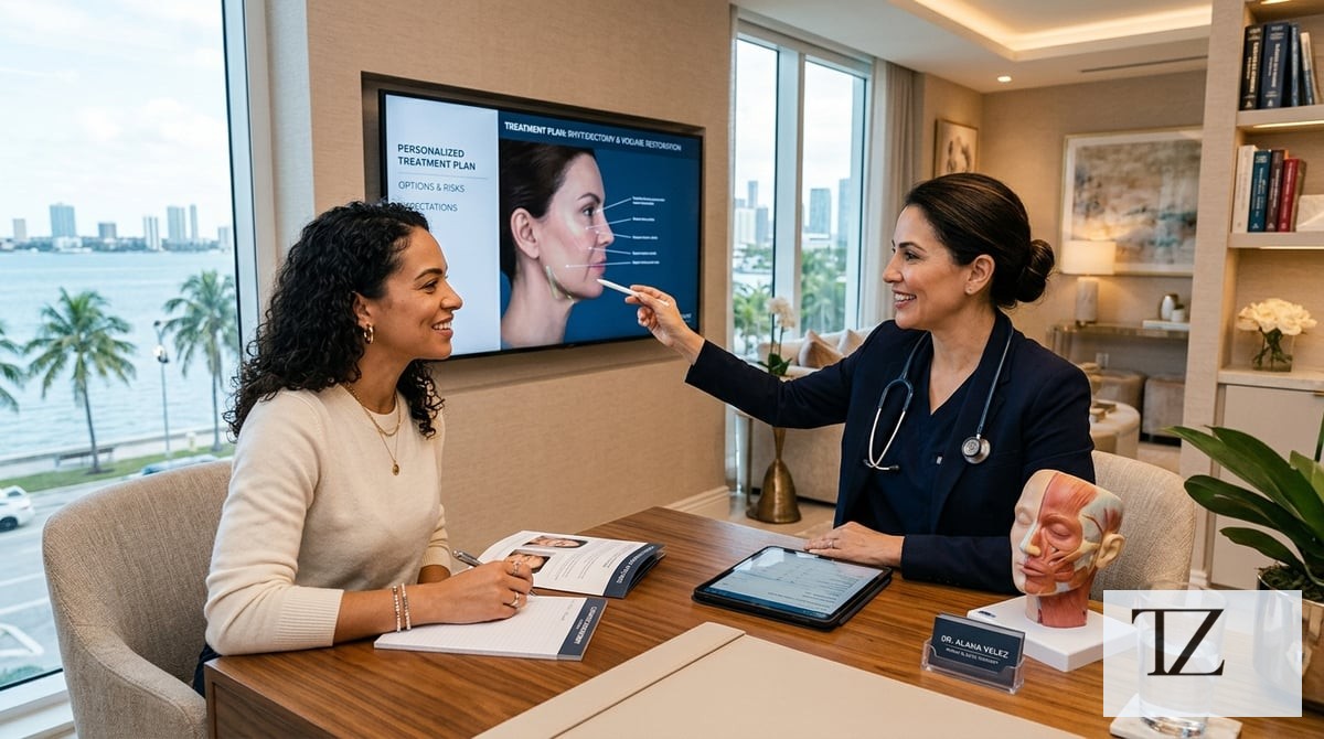 Detailed, welcoming consultation scene between a plastic surgeon and an adult patient, focusing on t