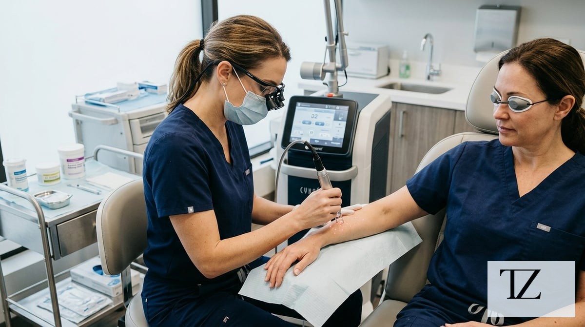 Photo-realistic image showing a skilled plastic surgeon performing CO2 laser treatment on an adult p