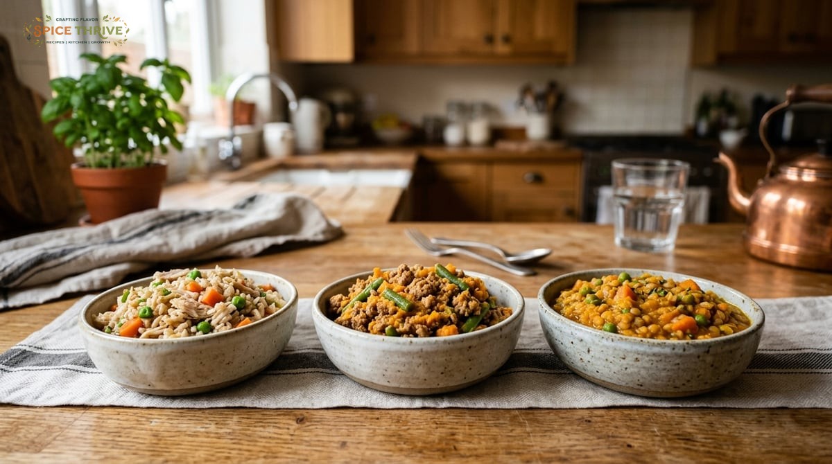 Close-up of three small bowls, each containing a different variation of homemade dog food: chicken-r