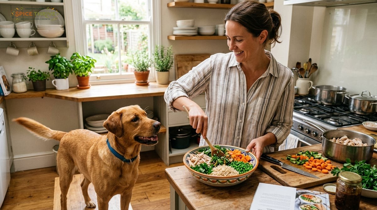 A bright, inviting home kitchen scene showing a person preparing a bowl of colorful, freshly made do