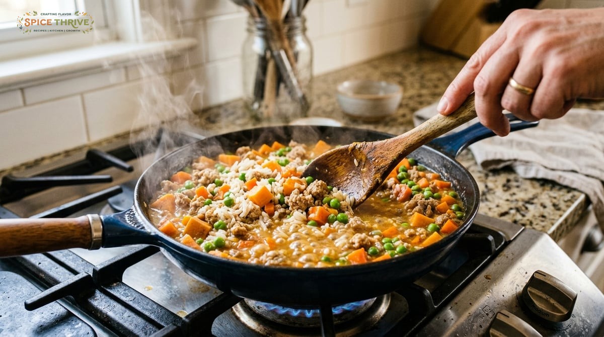 Close-up of a steaming pan on a stovetop, filled with turkey, rice, sweet potatoes, peas, and carrot