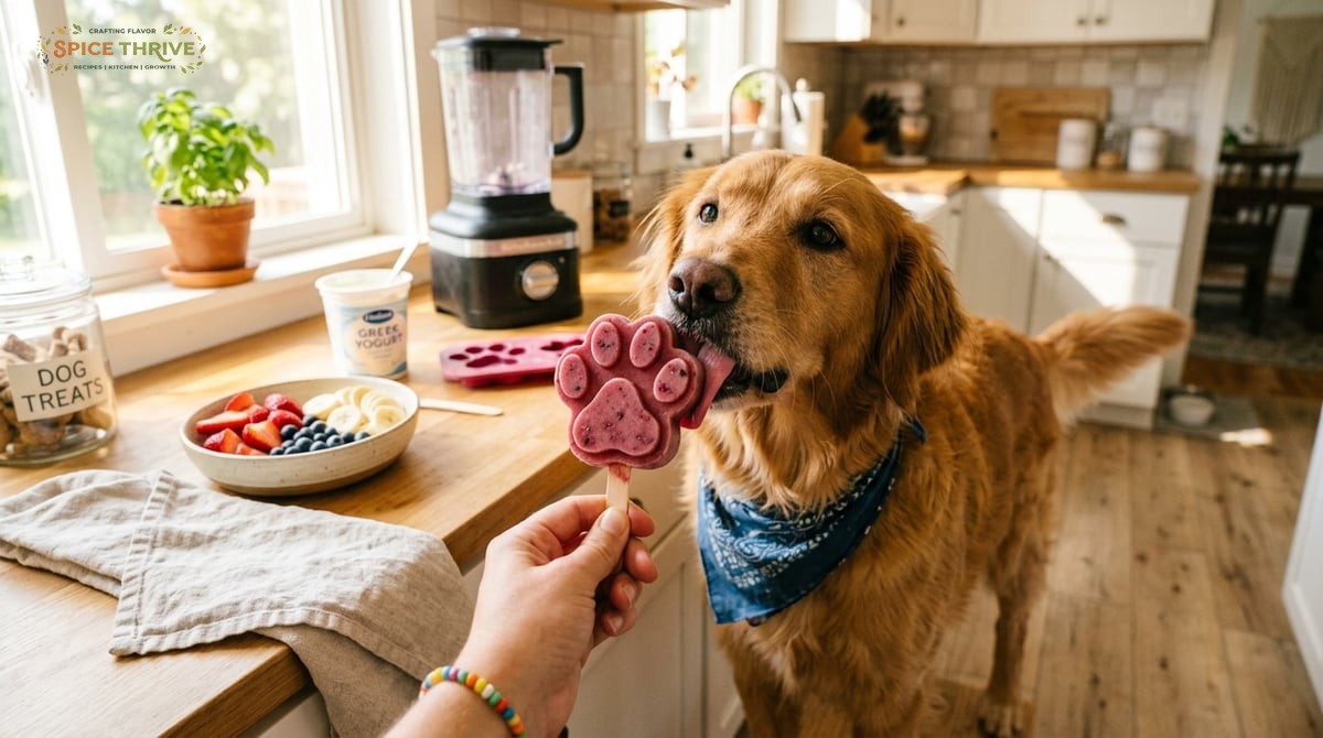 A playful medium-sized dog licking a homemade frozen treat shaped like a paw print. Sunlight streami