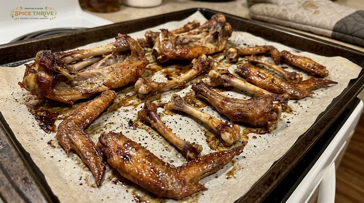 Close-up, step-by-step photos of roasted chicken bones on a tray, bubbling broth in a pot, and strai