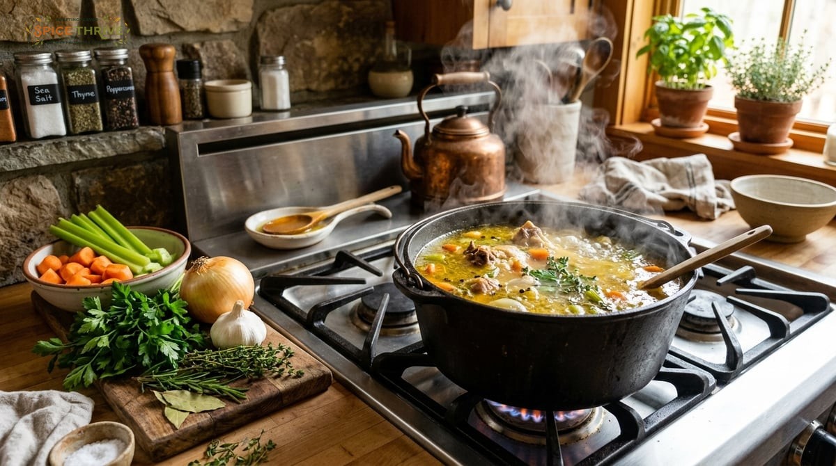 A warm pot of golden chicken bone broth simmering on a kitchen stove, with steam rising, surrounded 