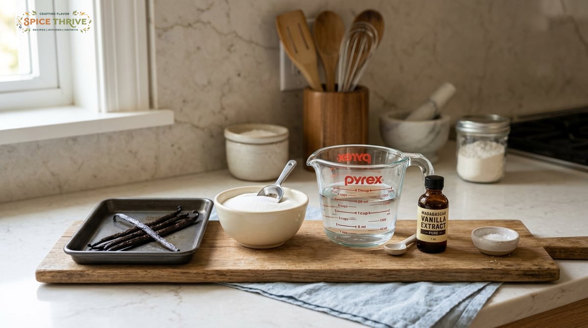 A small baking tray with vanilla beans, granulated sugar in a bowl, a measuring cup of water, a vial