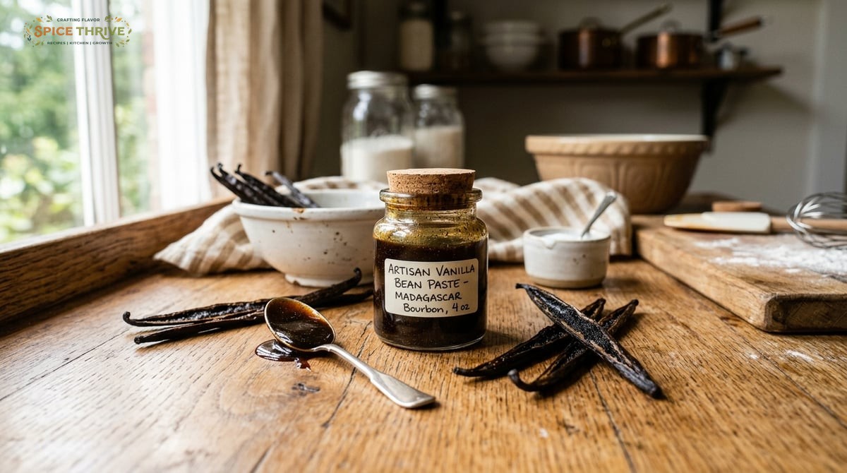 A cozy kitchen countertop with a small glass jar of thick, glossy vanilla bean paste, flecks of vani