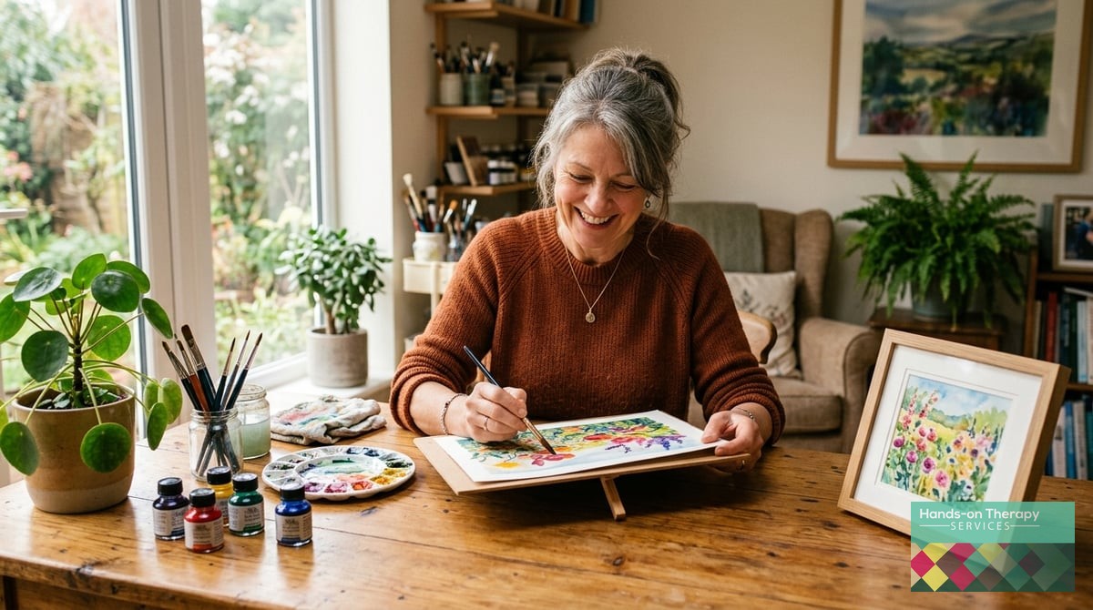 A warm photo-realistic image of a middle-aged woman smiling while painting a watercolor at a sunlit 