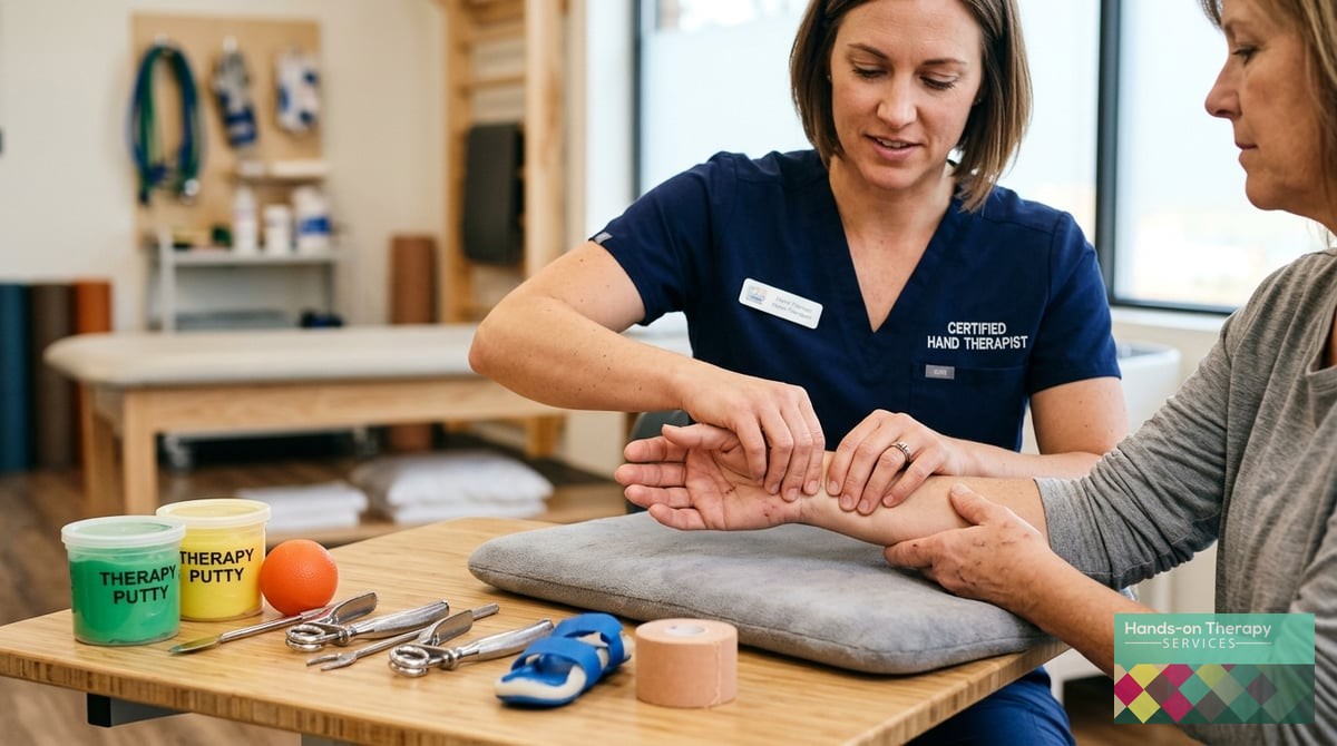 Close-up photo-realistic image of a certified hand therapist performing manual therapy on a patient'