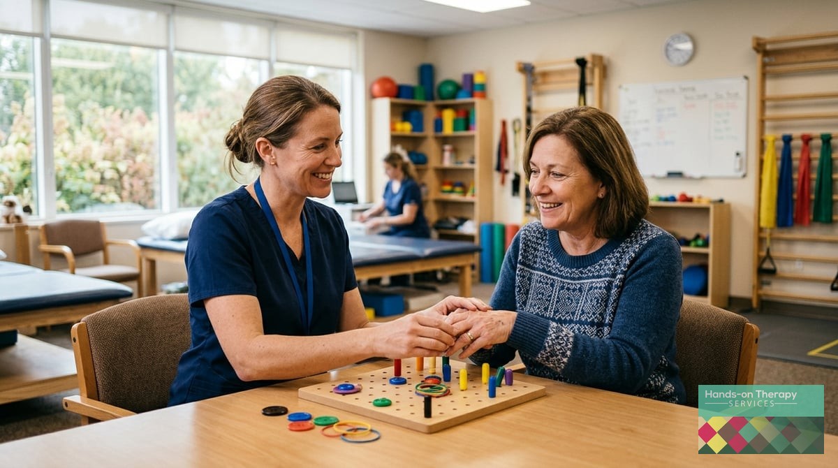 A warm, well-lit occupational therapy clinic setting where a friendly female therapist works one-on-