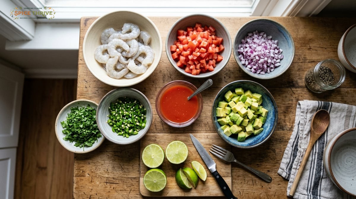 Overhead shot of raw shrimp, diced tomatoes, onions, avocado, jalapeño, cilantro, tomato juice, and 
