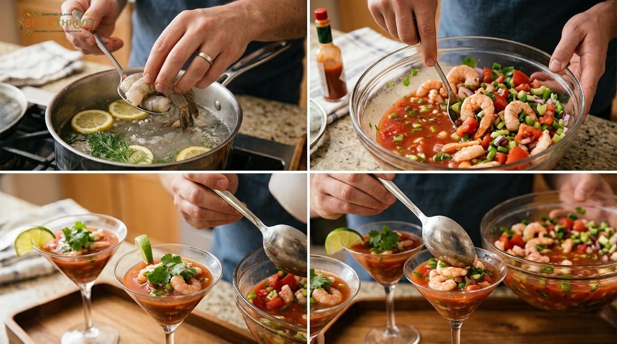 Hands poaching shrimp in a simmering pot, then mixing with tomato juice and chopped vegetables in a 