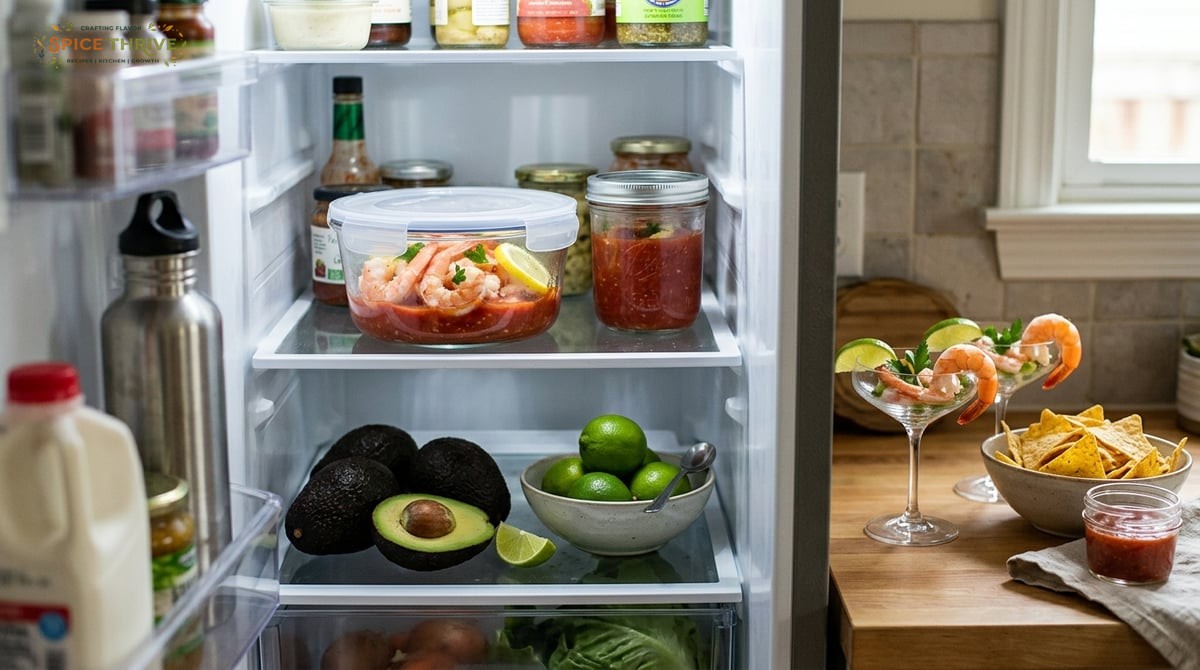 Glass containers with chilled shrimp cocktail sans avocado inside a refrigerator, fresh avocados and