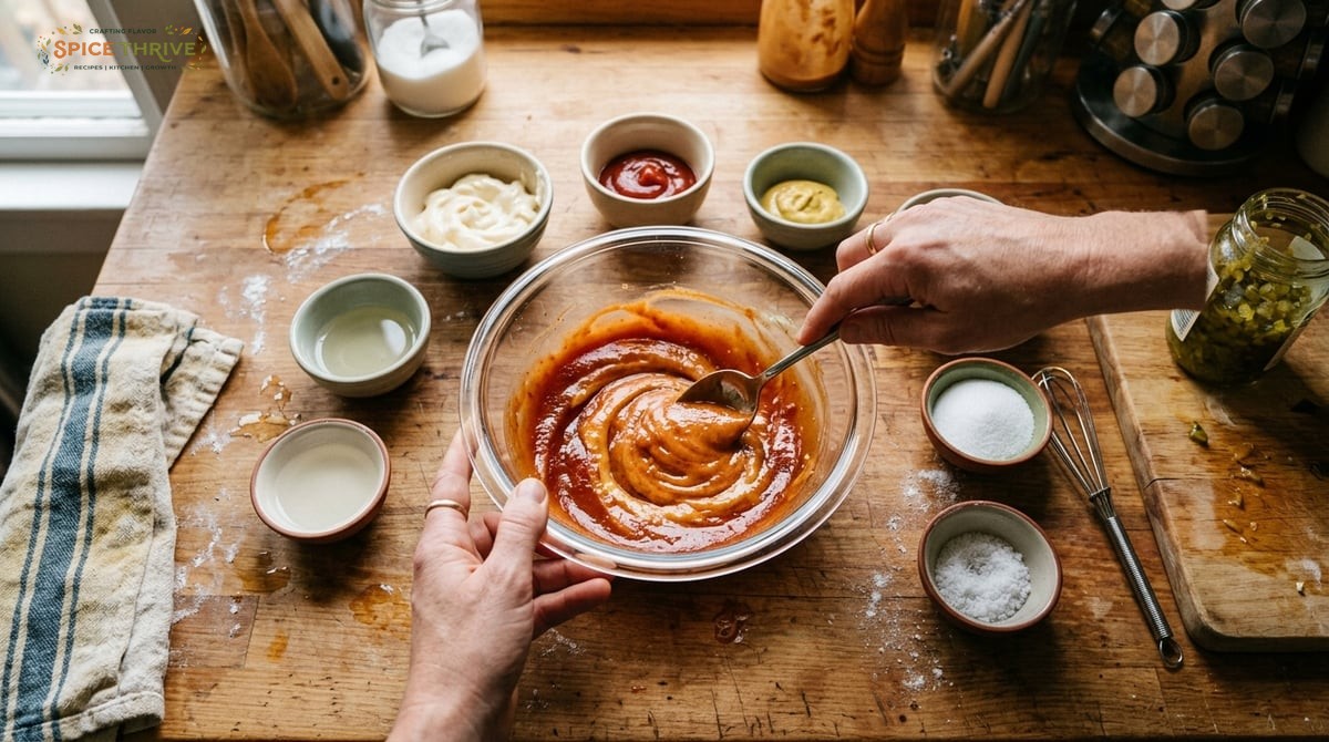 Overhead shot of the sauce preparation: ingredients in small bowls (mayo, ketchup, mustard, relish, 