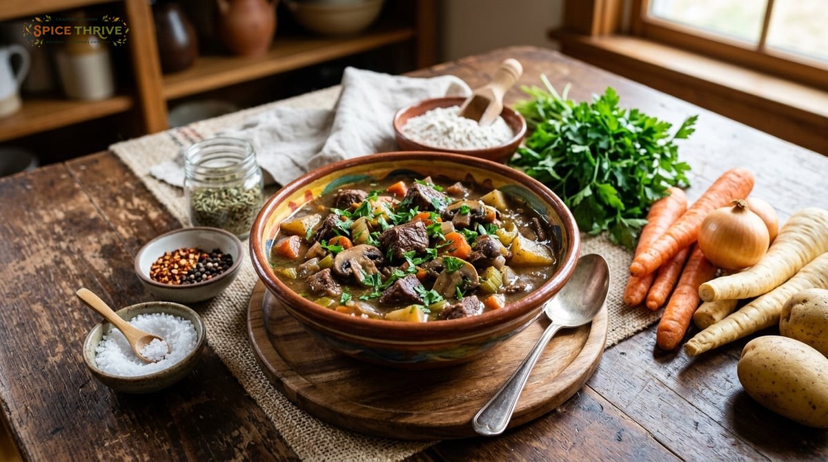 A colorful bowl of venison casserole with visible mushrooms, carrots, and parsley garnish, surrounde