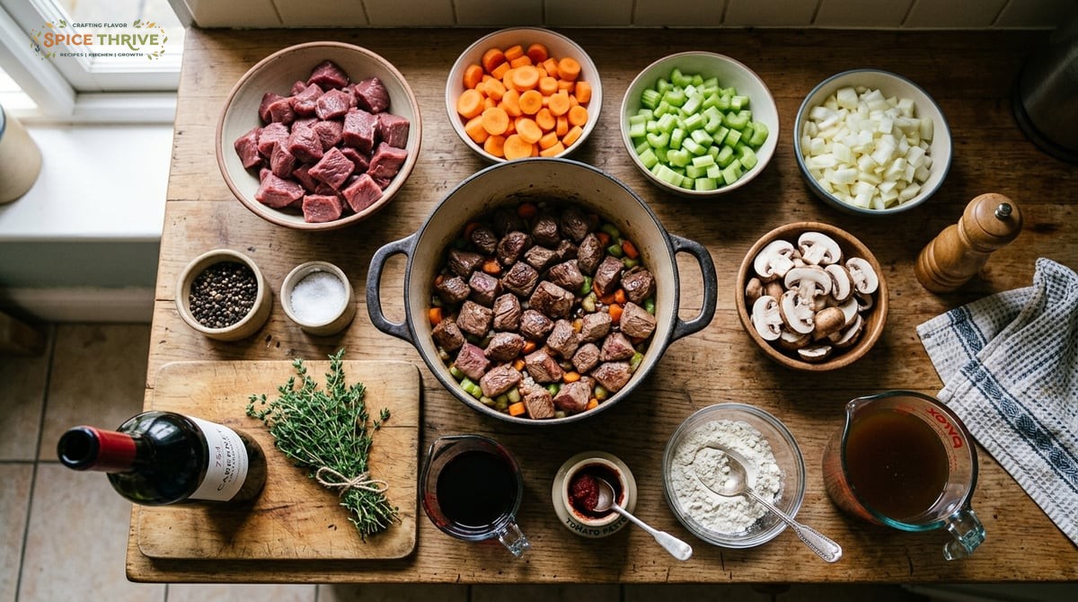 An overhead shot of assembled venison casserole ingredients on a kitchen counter: cubed venison, car