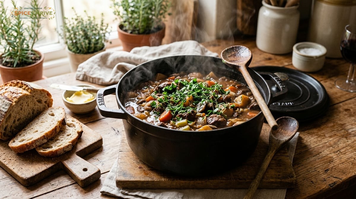 A steaming Dutch oven filled with rich venison casserole, topped with fresh herbs, surrounded by bre