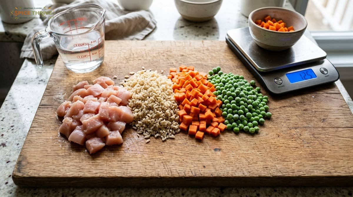 A close-up of colorful diced ingredients on a wooden cutting board: chicken breast, brown rice, carr