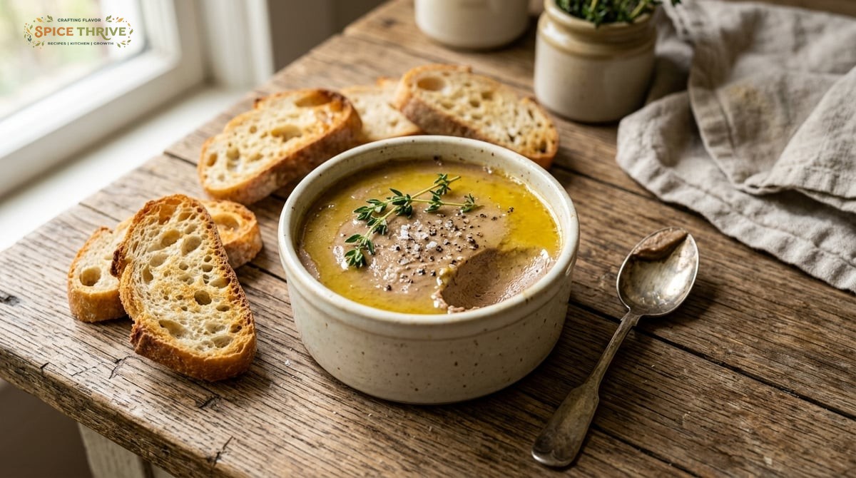 A photo-realistic, gently lit overhead shot of a small ceramic dish of smooth chicken liver pate, to