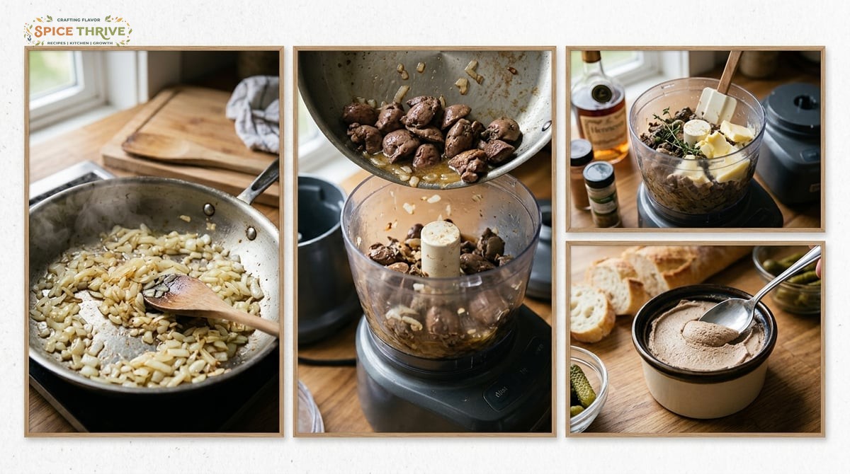In-process photo series: (1) sautéed onions in skillet, (2) just-cooked chicken livers being added, 