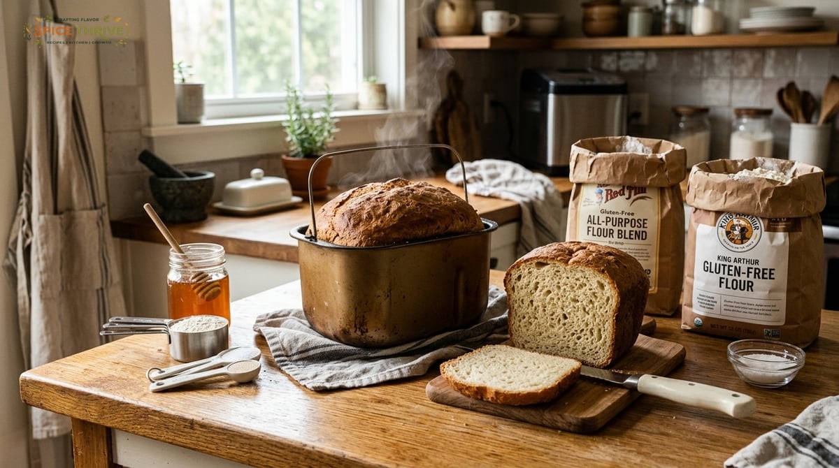 A photo of a rustic home kitchen counter with a just-baked gluten free bread loaf in a bread machine