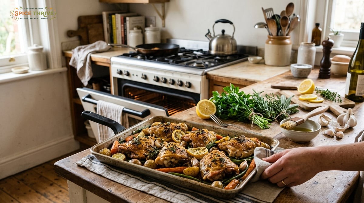 A warm, inviting home kitchen with a tray of golden brown chicken thighs just out of the oven, surro