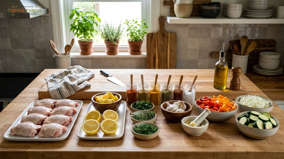 A neat home kitchen counter with rows of raw chicken thighs, lemons, bowls of fresh herbs, colorful