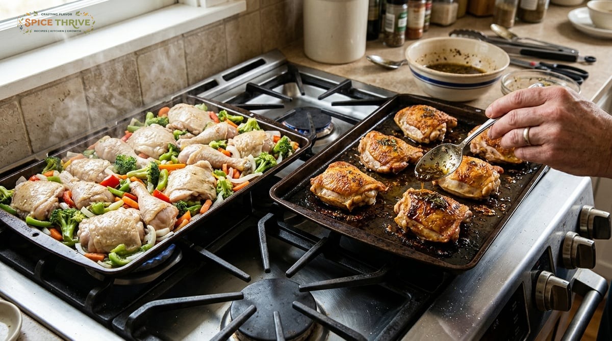 A real kitchen stovetop with two baking sheets: one crowded with chicken and veggies (less browned),