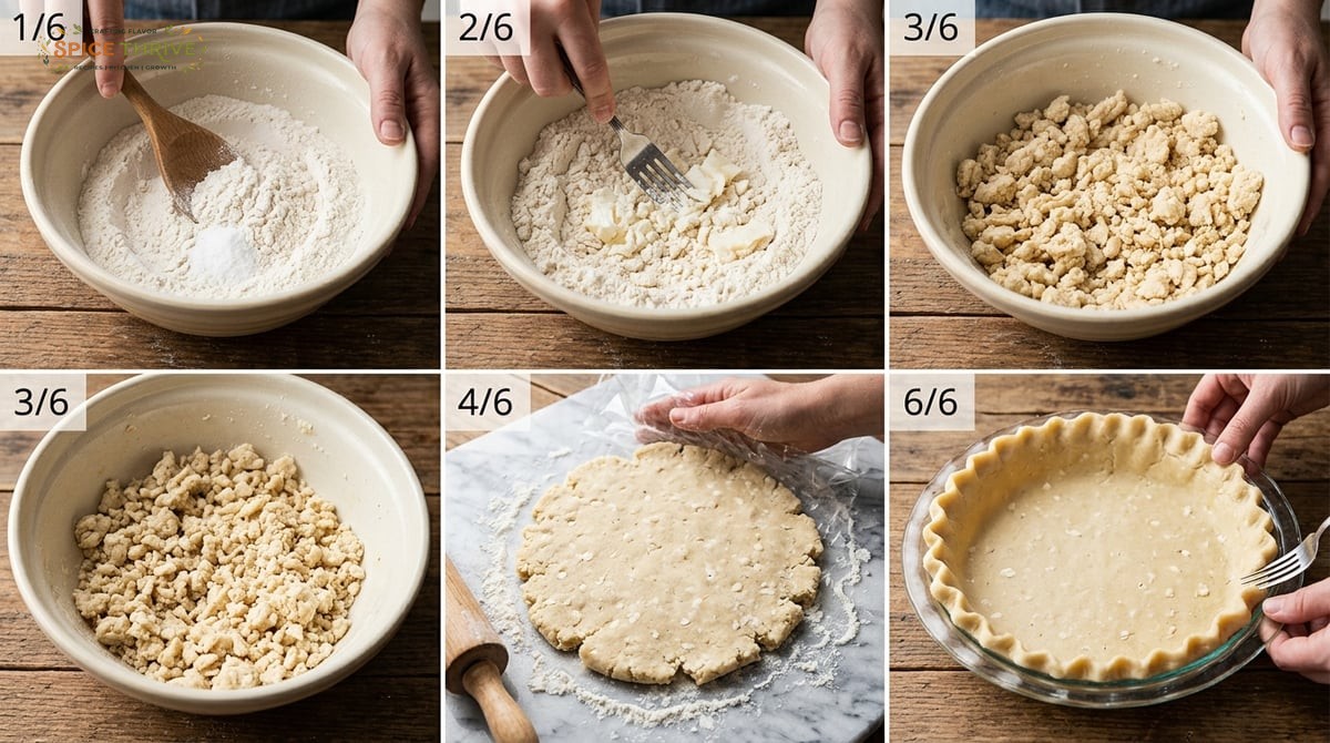 Close-up step-by-step collage: mixing flour and salt, cutting in chilled Crisco with a fork, the dou