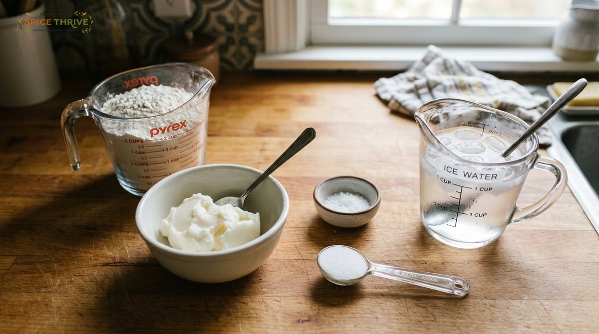 Overhead photo: measured flour, Crisco shortening in a bowl, salt, a jug of ice water, and a tablesp