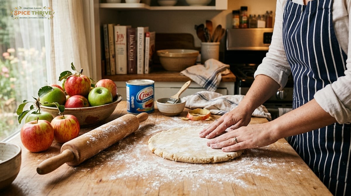 A home kitchen scene with a lightly floured countertop, a disk of Crisco pie dough resting, hands pr