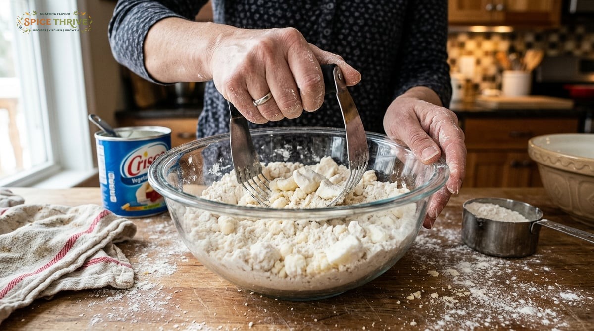 Process shot: hands using a pastry blender to cut chilled Crisco into flour. Glass bowl, visible chu