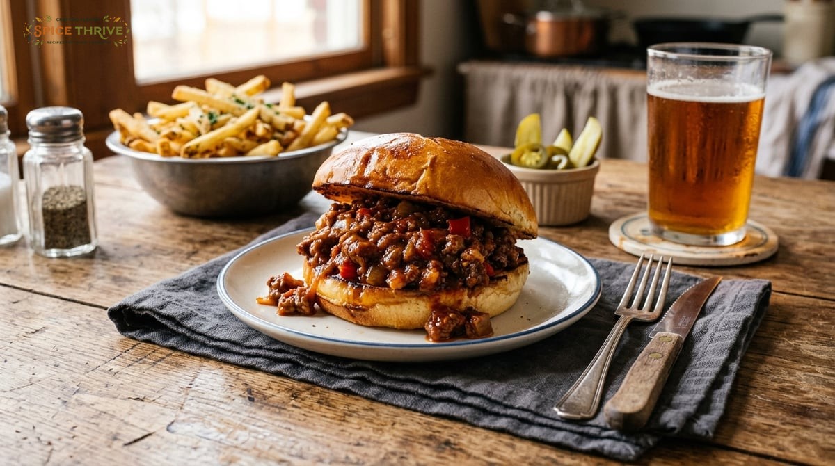 A hearty homemade sloppy joe sandwich on a toasted brioche bun, with saucy filling spilling out, set