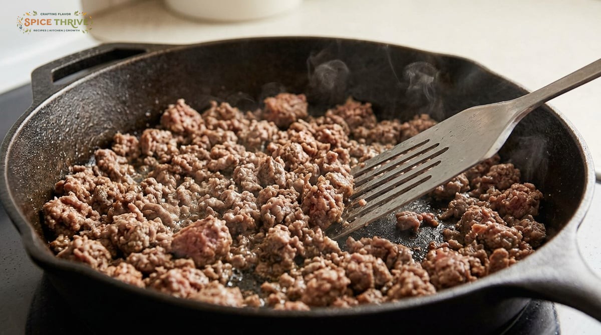 Step-by-step photos of making three ingredient sloppy joes: browning ground beef in a skillet, addin