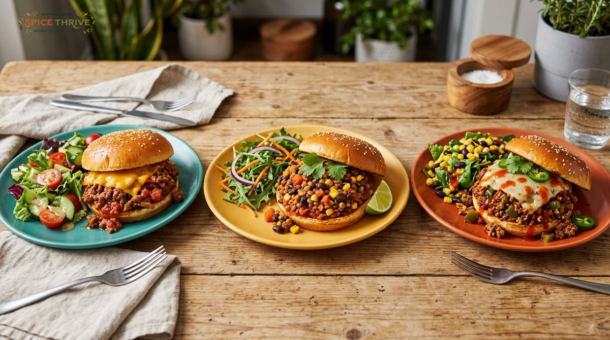 A photo showing three variations of sloppy joes: one classic, one with veggie filling, and one with 
