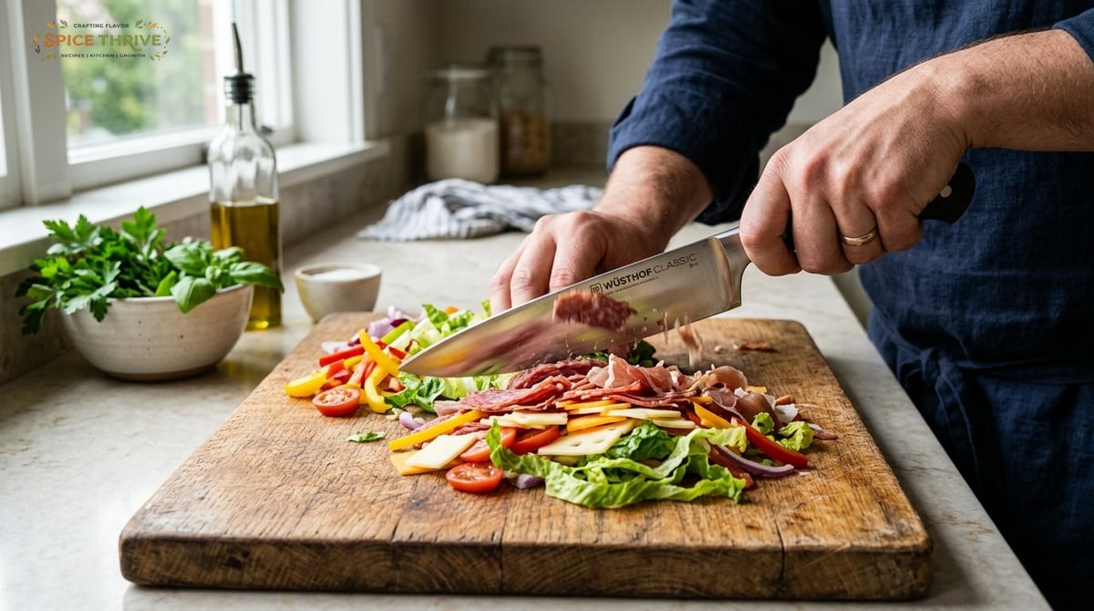 Chopping action: a chef’s knife mid-motion over a colorful pile of sliced meats, cheeses, lettuce, t