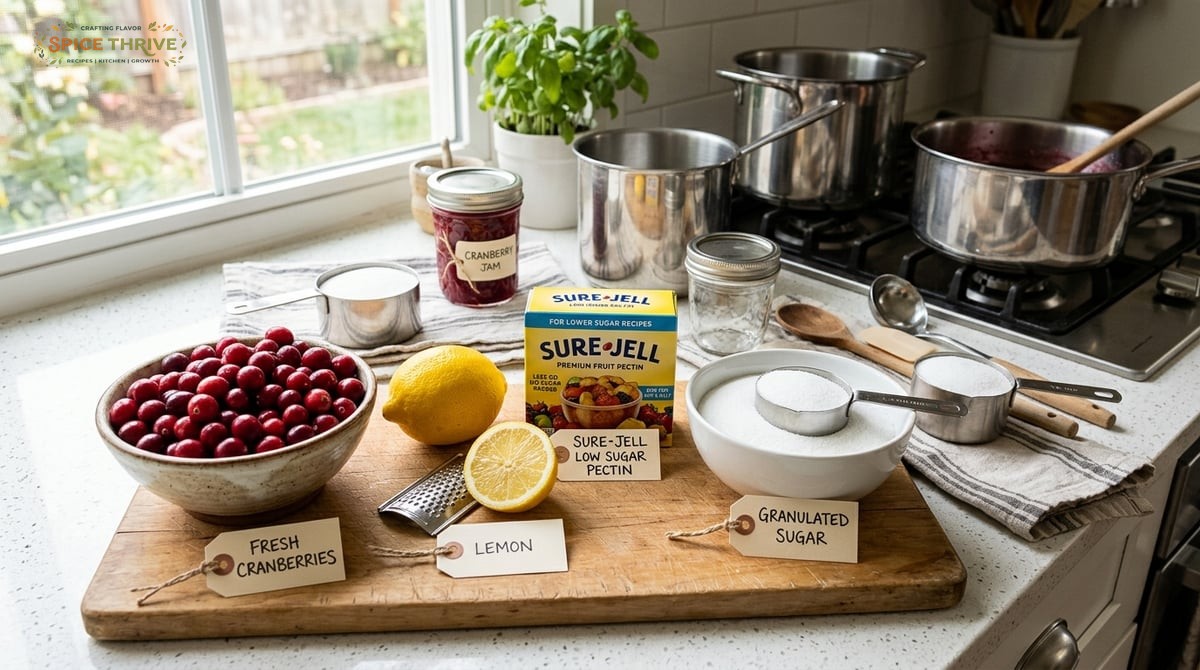 Fresh cranberries, lemon, a box of Sure Jell low sugar pectin, and a bowl of sugar arranged on a bri
