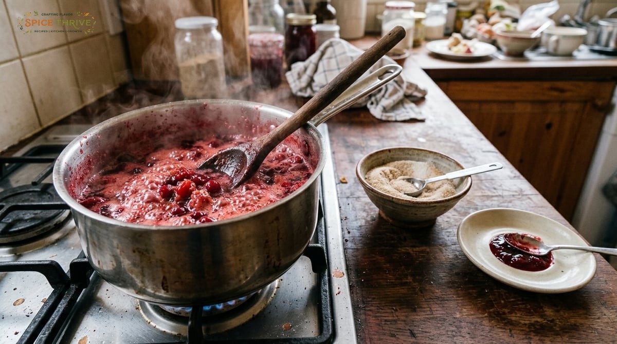 A kitchen stove showing a pot of cranberry jam bubbling, with a wooden spoon mashing berries, and a 