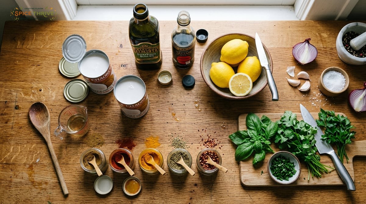 An overhead view of an organized kitchen counter displaying common dairy free ingredients: cans of c