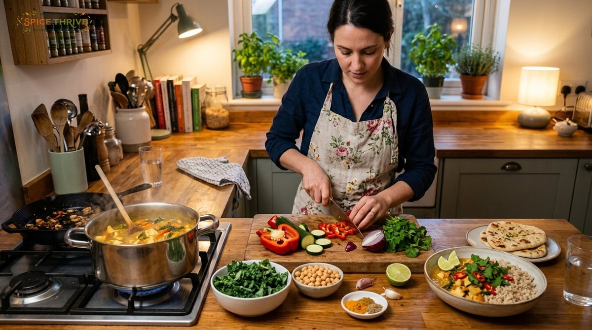 A cozy home kitchen at dinnertime with a pot of coconut curry bubbling on the stove, colorful vegeta