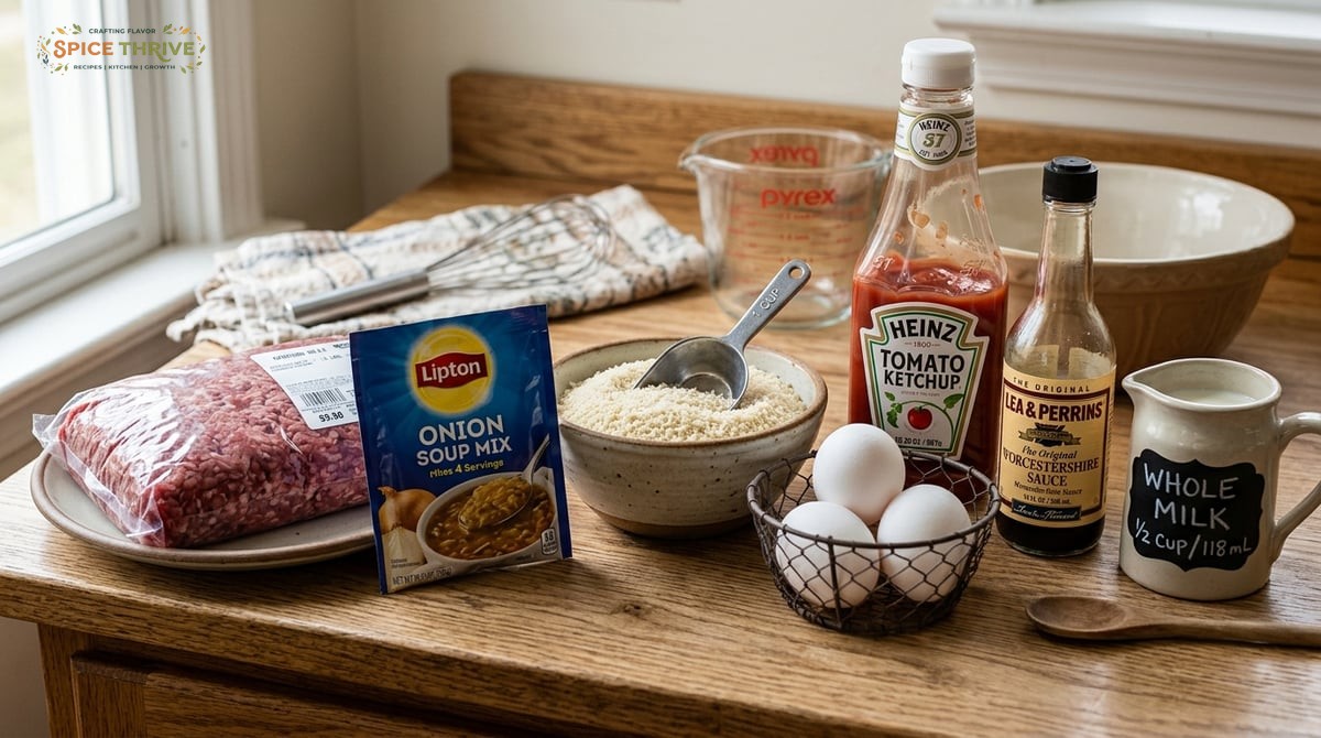Close up of packaged ingredients for meatloaf with onion soup mix laid out on a kitchen counter: gro