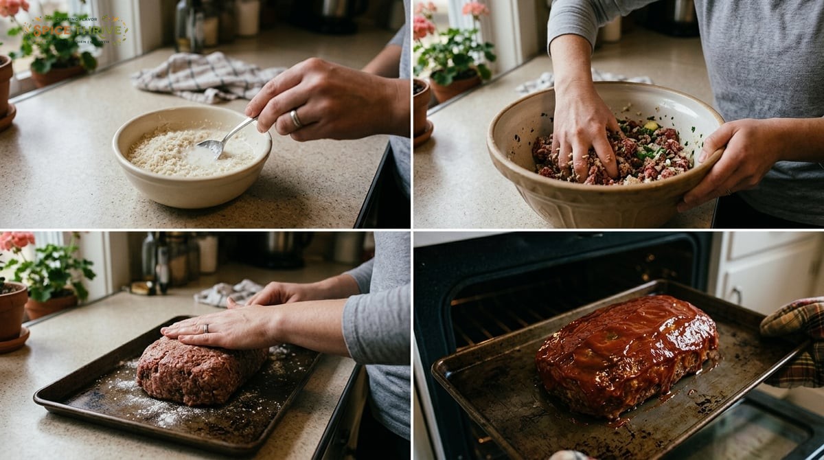 Step by step process photos in a cozy home kitchen: soaking breadcrumbs in milk, mixing meat mixture
