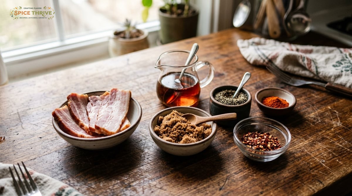 Close-up photo of measured ingredients in small bowls on a kitchen counter: thick bacon slices, a sc