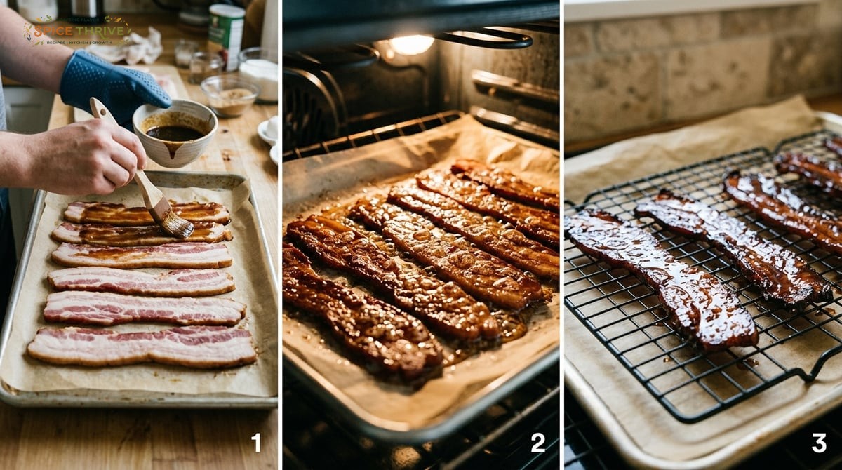 Photo sequence showing key troubleshooting steps: (1) Bacon strips on a parchment-lined pan with gla