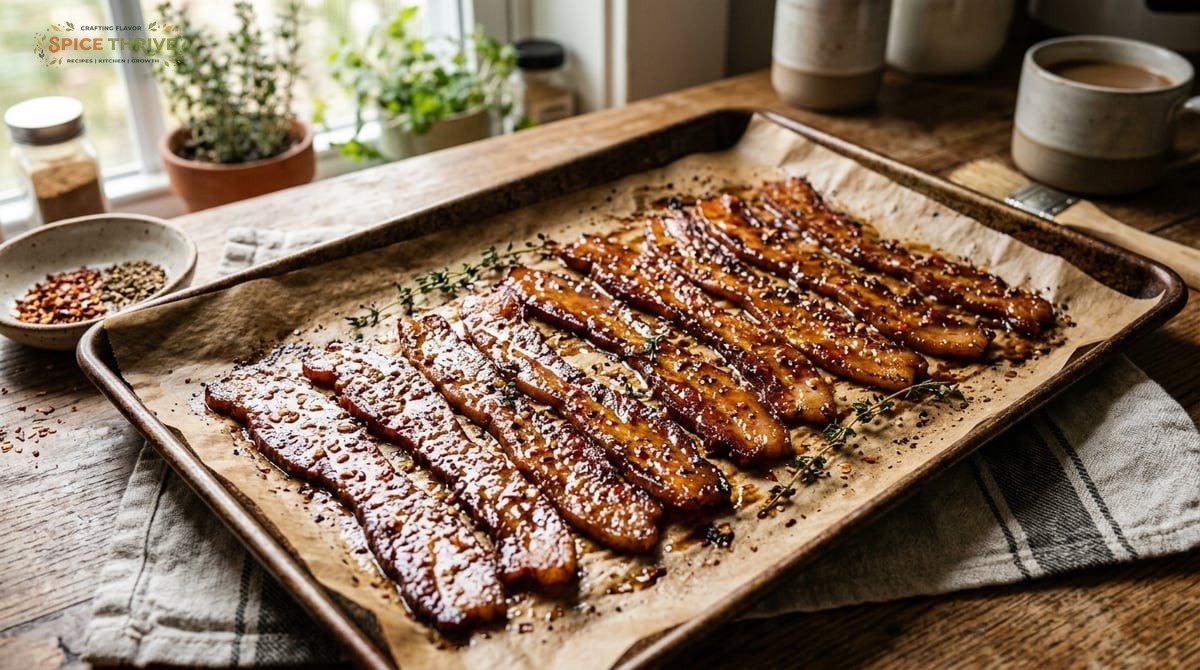 Photo of a sheet pan lined with parchment paper, holding strips of richly glazed, caramelized bacon 