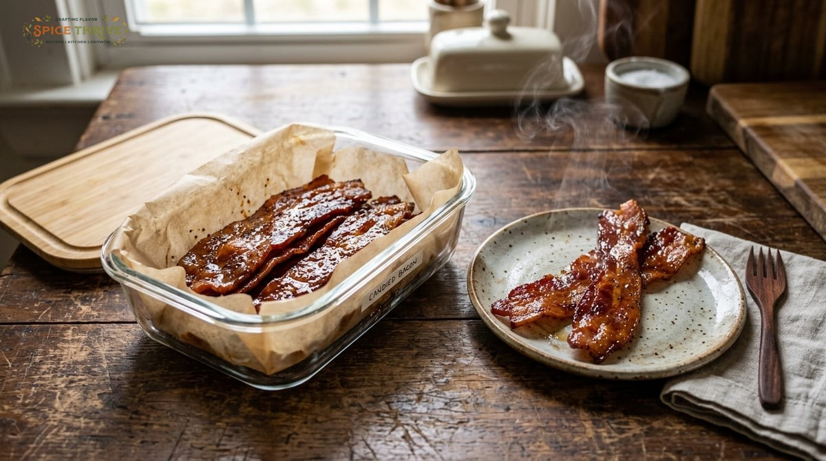 Photo of glass storage container lined with parchment holding rows of glossy, candied bacon; beside 