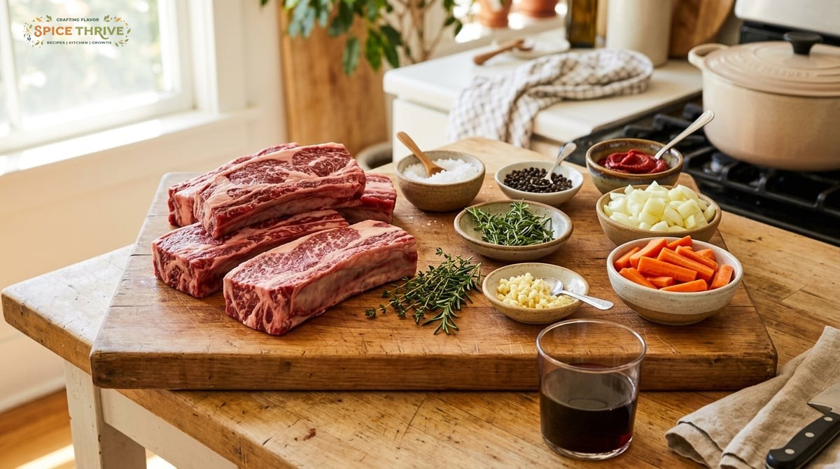 Close-up of fresh, raw beef short ribs on a wooden board surrounded by small bowls of salt, pepper,