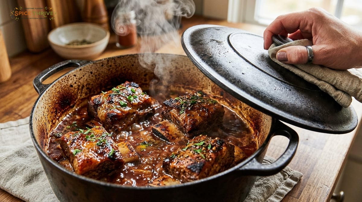 A close-up shot of golden-brown, oven-baked short ribs sitting in a Dutch oven, glossy and bubbling 